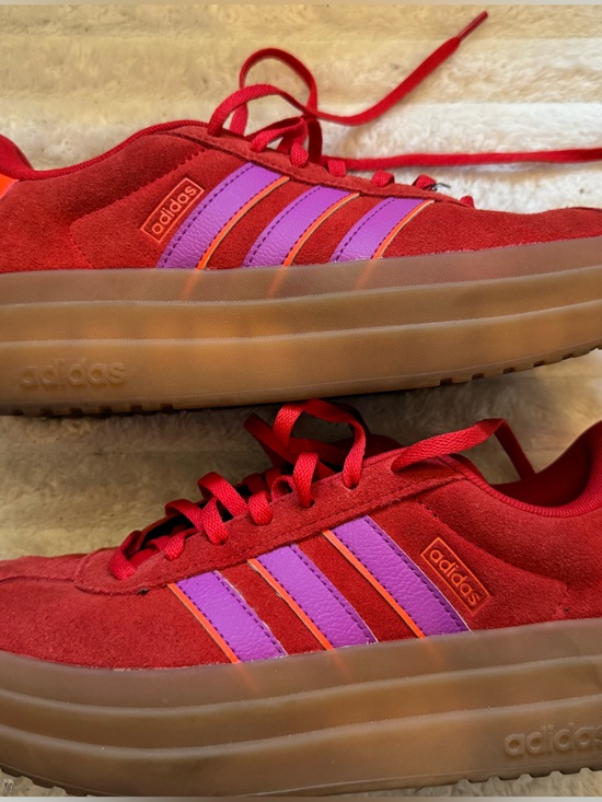 adidas Shoes - adidas Red Suede Platform Sneakers with Purple Stripes and Orange Heel